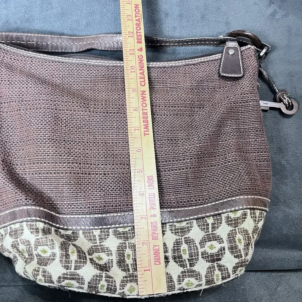 FOSSIL Woven Brown Textile / Leather Curved Hobo Shoulder Bag